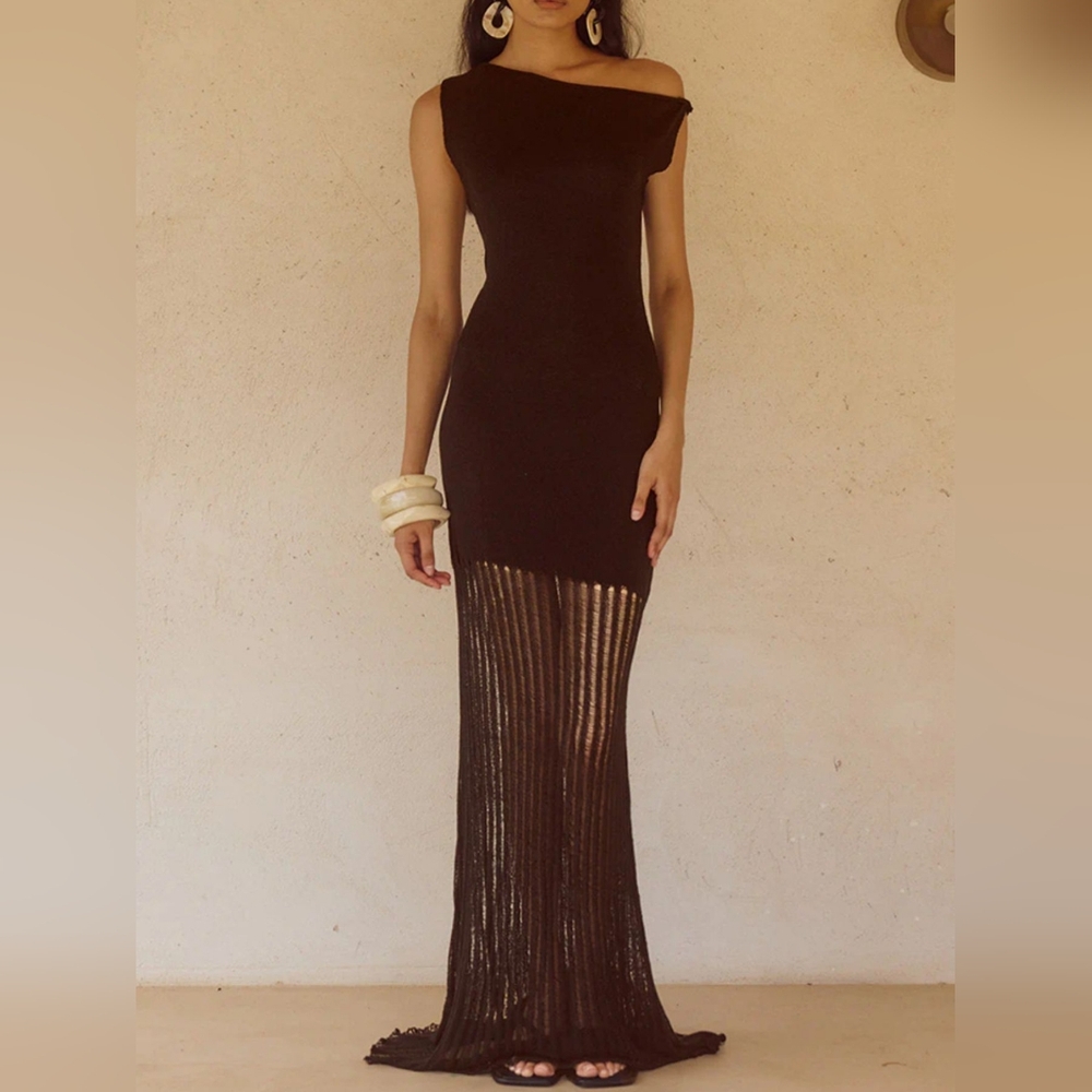 Chic Dark Brown Off-Shoulder Fringe Maxi Dress
